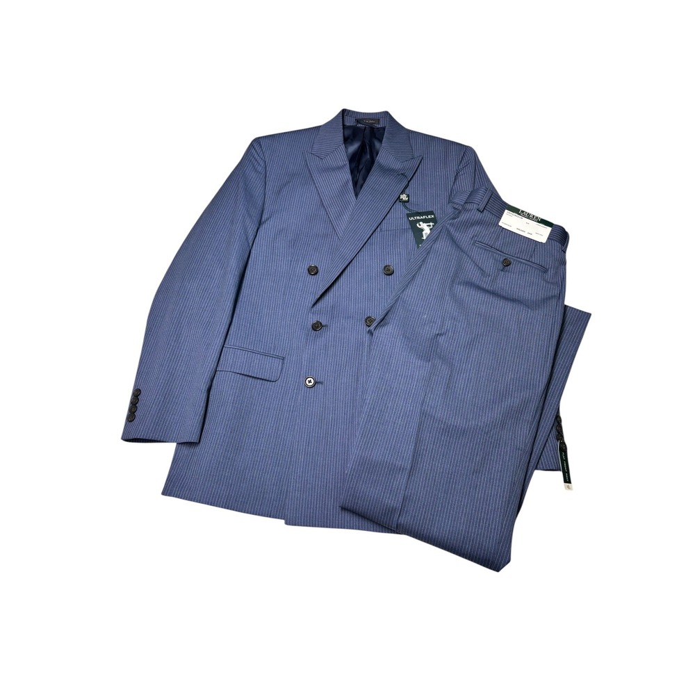NWT Lauren Ralph Lauren Blue Pinstripe Double Breasted Mens 40L 34X33 Ultraflex